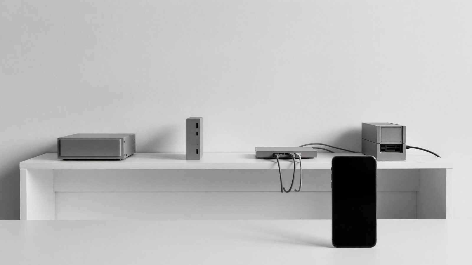 Illustration: an office shelf holding a small server, an upright backup drive, a router and a second box, with a phone standing on the front edge of the desk.